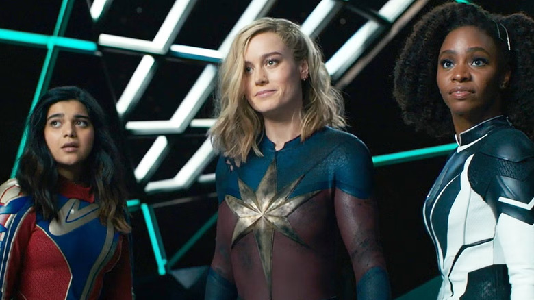 Ms. Marvel, Captain Marvel, and Monica Rambeau standing together in The Marvels