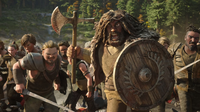 Brendan wielding an axe and shield and leading a human army in Wildwood