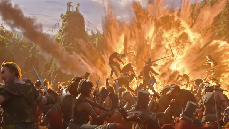 An explosion rocks a battlefield full of humans and anthropomorphized animals fighting in Wildwood
