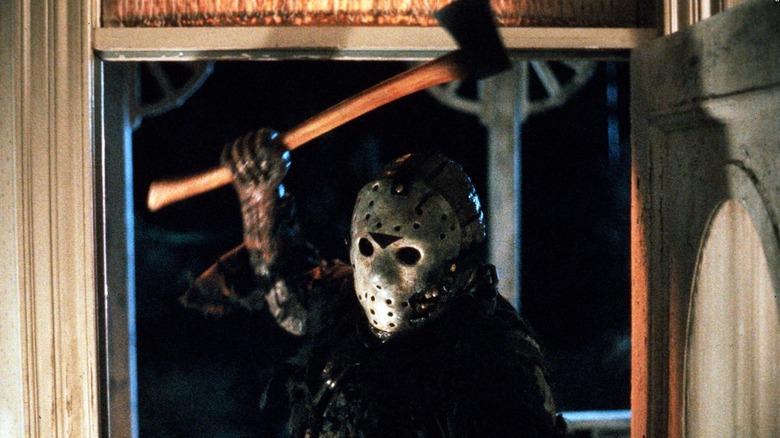 Jason Voorhees in a hockey mask raising an axe