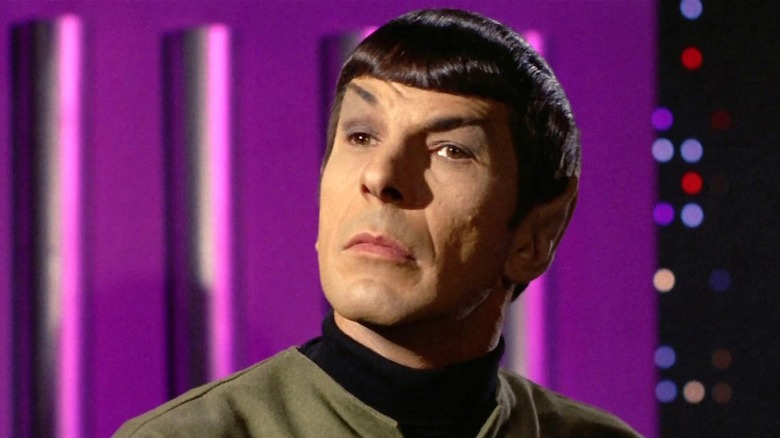 Leonard Nimoy raises an intrigued eyebrow as Mr. Spock in Star Trek
