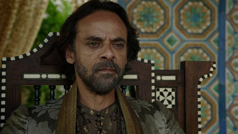 Doran Martell (Alexander Siddig) sits unhappily on his throne in Game of Thrones
