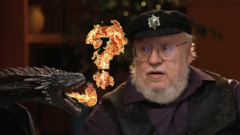 A dragon blows a fire question mark and George R. R. Martin looks on in awe