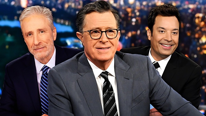 A composite image of John Stewart, Stephen Colbert, and Jimmy Fallon
