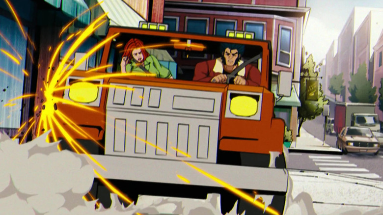 Wolverine arrive sur un trottoir dans sa voiture dans X-Men '97
