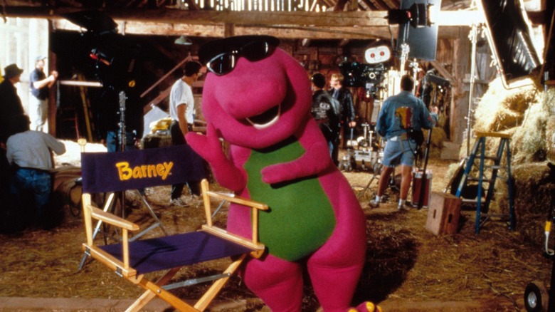 Behind the scenes photo of Barney the Dinosaur on the set of Barney and Friends