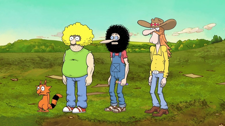 Kitty, Fat Freddy Freakowtski, Phinea Phreakers, and Freewheelin' Franklin Freek, all out in a field, in The Freak Brothers