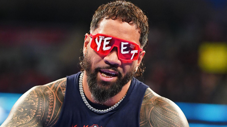 Jey Uso wearing his YEET glasses on Monday Night RAW