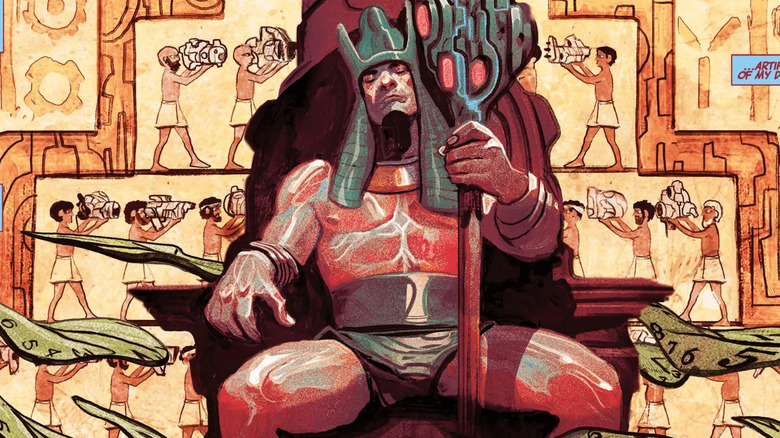 Rama-Tut sitting on throne, with heiroglyphics behind him