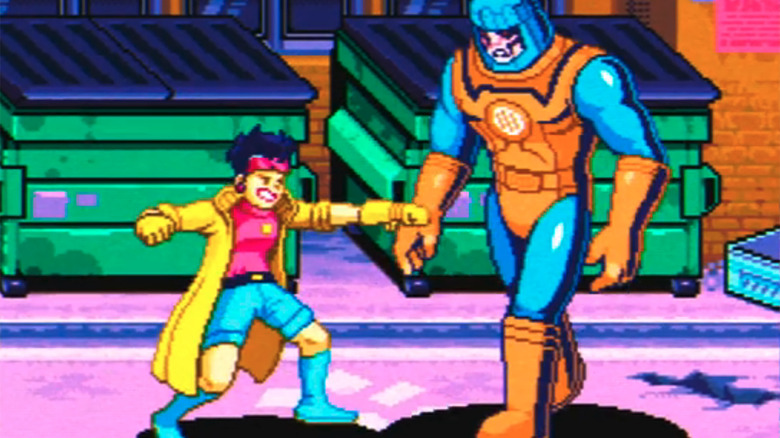 Jubilee fighting a Sentinel in a 16-bit video game in X-Men '97