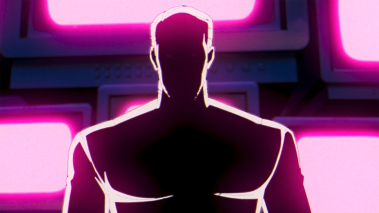 Bastion's silhouette in front of pink TV screens in X-Men '97