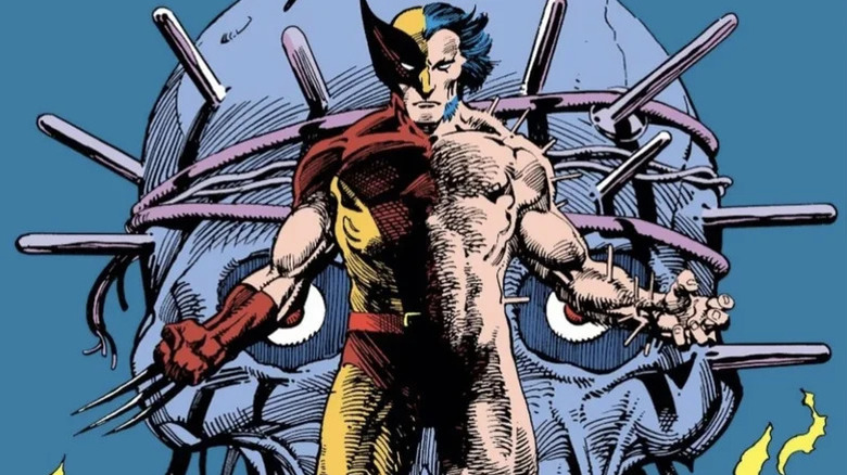 Cover of Weapon X - Wolverine, half in his costume and half naked, with giant adamantium coated skull behind him