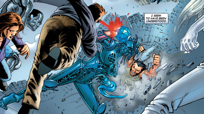 Astonishing X-Men #10 - Wolverine, Emma Frost, Colossus, Cyclops, and Kitty Pryde battling Danger