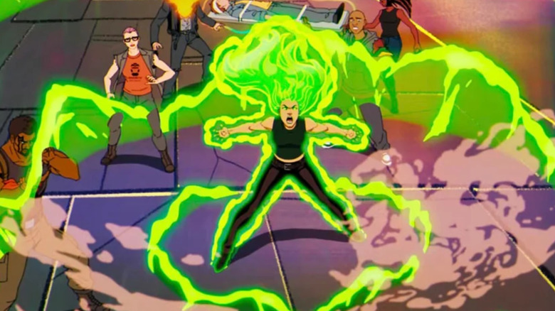 X-Men '97 - Polaris unleashes green energy wave surrounded by Bishop, Quentin Quire, Synch, Monet, and Wing on a stretcher