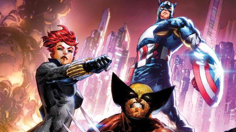 Wolverine: Madripoor Knights cover - Captain America, Black Widow, and Wolverine posed in front of explosion in Madripoor