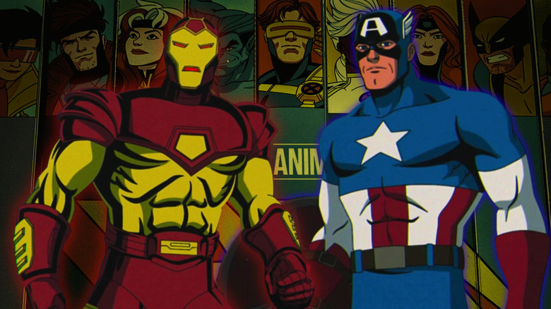 Iron MAn and Captain America in X-Men '97 on background of poster for the show