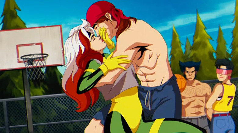 Rogue kissing Gambit and blocking it with her hand on X-Men '97