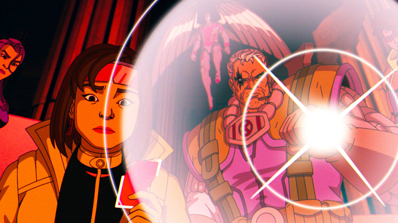 Psylocke, Jubilee, Angel, and Cable (holding a flashlight) looking down at something in X-Men '97