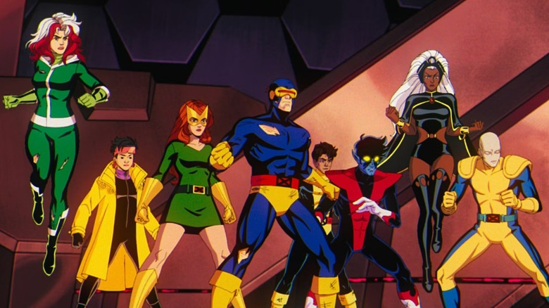 Rogue, Jubilee, Jean Grey, Cyclops, Sunspot, Nightcrawler, Storm, and Morph posed together in X-Men '97