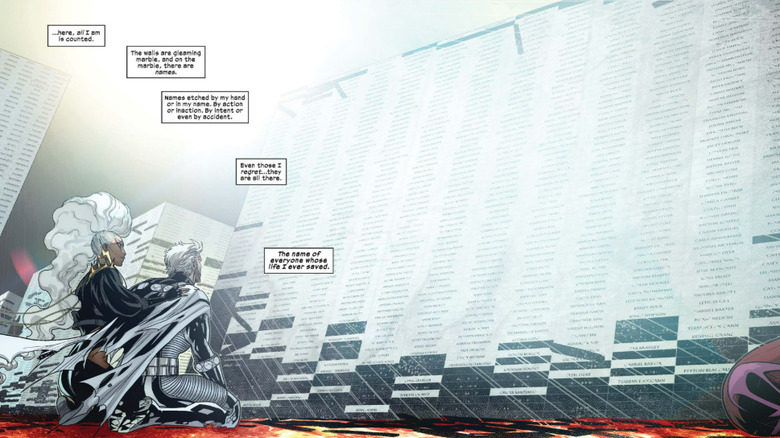 The Resurrection of Magneto #2 - Storm and Magneto in Hell, looking at wall of the names everyone Magneto has ever saved