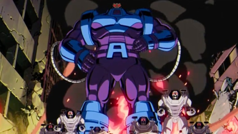 X-Men '97 - Apocalypse in destroyed city, robotic soldiers flanking him
