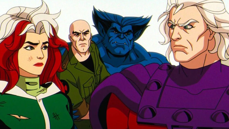 Rogue, Professor X, Beast, and Magneto all huddled together in X-Men '97