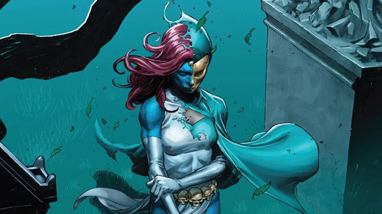 Inferno #4 cover - Mystique standing in graveyard, half shapeshifted into Destiny