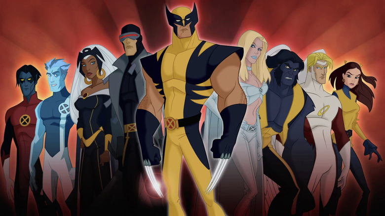 Tarjetas de título de Wolverine y X-Men: Nightcrawler, Iceman, Storm, Cyclops, Wolverine, Emma Frost, Beast, Angel y Kitty Pryde.