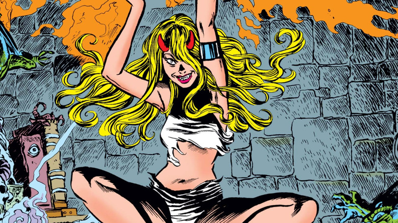 Magik levitating with devil horns in a Magik comic cover