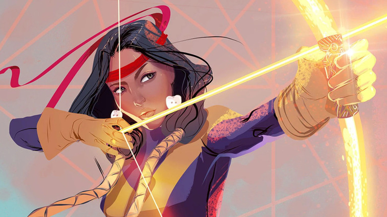 Moonstar aiming a bow made of light in a Marvel Voices comic cover