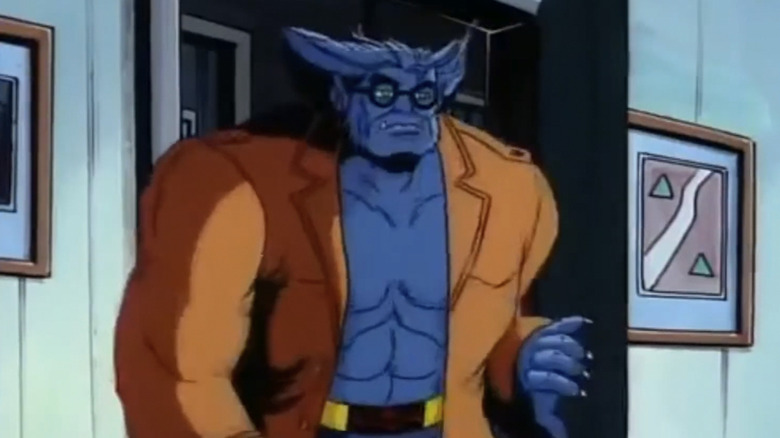 Beast wearing a brown coat and walking through a doorway in X-Men: The Animated Series