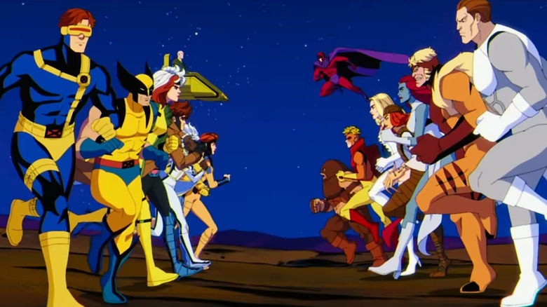 X-Men 97 title sequence - Cyclops, Wolverine, Rogue, Gambit, Storm, Jubilee, Jean Grey, Professor X on side and Magneto, Juggernaut, Pyro, Emma Frost, Lady Deathstrike, Mystique, Sabretooth and Avalanche on the other