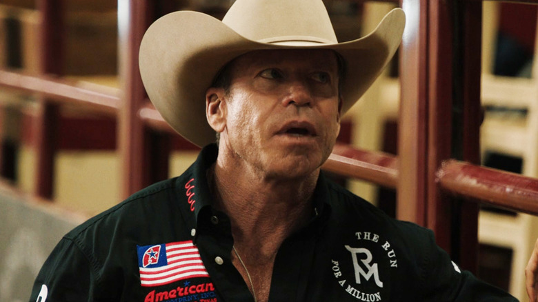 Taylor Sheridan while Travis Witti is looking at people outside the screen in Yellowston