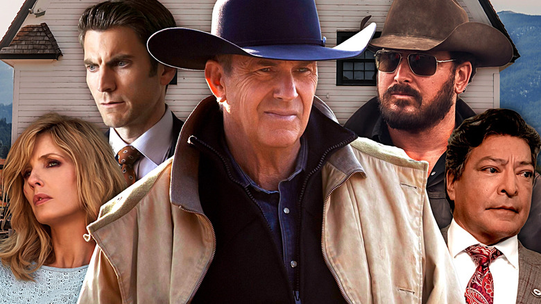 Images of Beth, Jamie, John, Rip, and Rainwater edited together against the Yellowstone ranch house