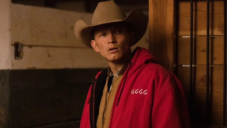 Jefferson White as Jimmy, wearing a four sixes hoodie on Yellowstone