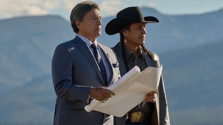 Gil Birmingham and Moses Brings Plenty as Rainwater and Mo surveying the land on Yellowstone