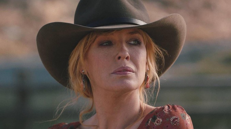 Kelly Reilly as Beth Dutton wearing a wide brimmed hat on Yellowstone