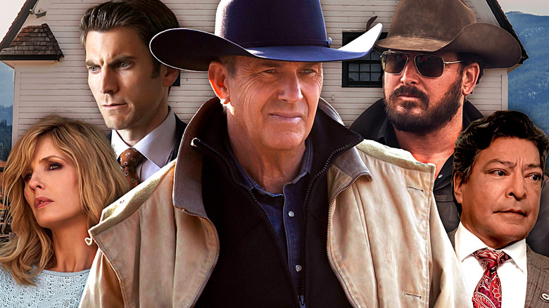 Images of Beth, Jamie, John, Rip, and Rainwater edited together against the Yellowstone ranch house