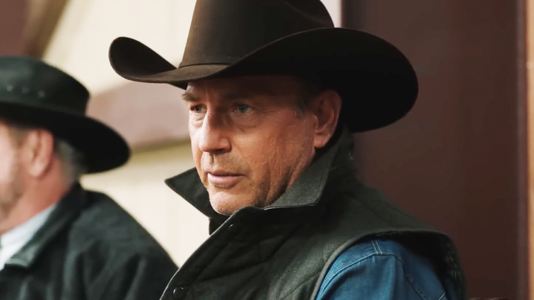 Kevin Costner's John Dutton looks off into the distance in closeup in Yellowstone