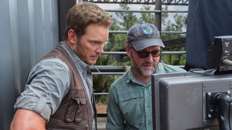 Colin Trevorrow and Chris Pratt on the set of Jurassic World.