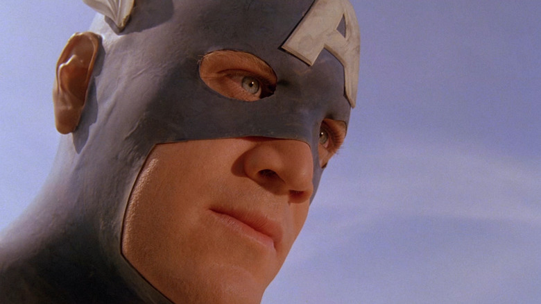 Captain America looking concerned in his superhero mask in Captain America (1990)