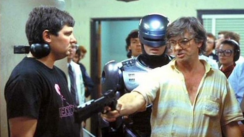 Production photo of Peter Weller and Paul Verhoeven in documentary Flesh + Steel: The Making of Robocop 