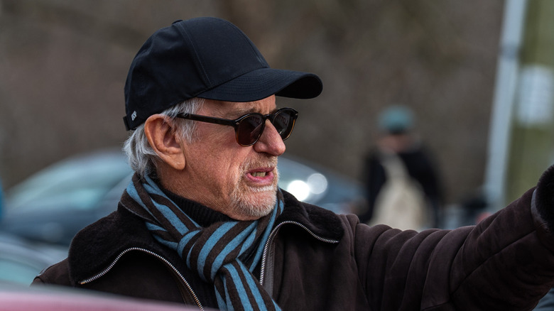Steven Spielberg behind the scenes directing Emily Blunt and Wyatt Russell in Disclosure Day