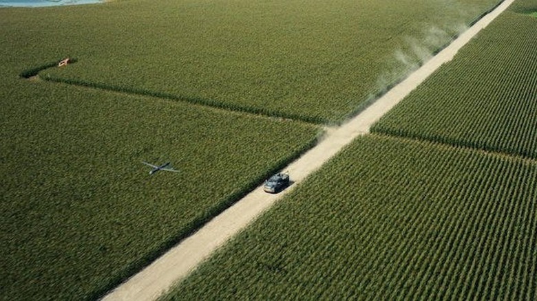 A pickup truck tears through a cornfield in Interstellar