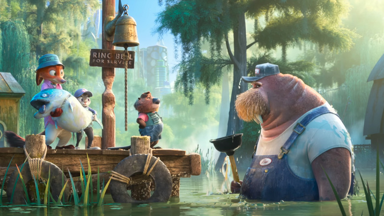 Nick, Judy, Nibbles, and Bub in Marsh Market in Zootopia 2