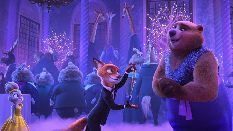 Judy and Nick presenting a necklace to a bear in Zootopia 2