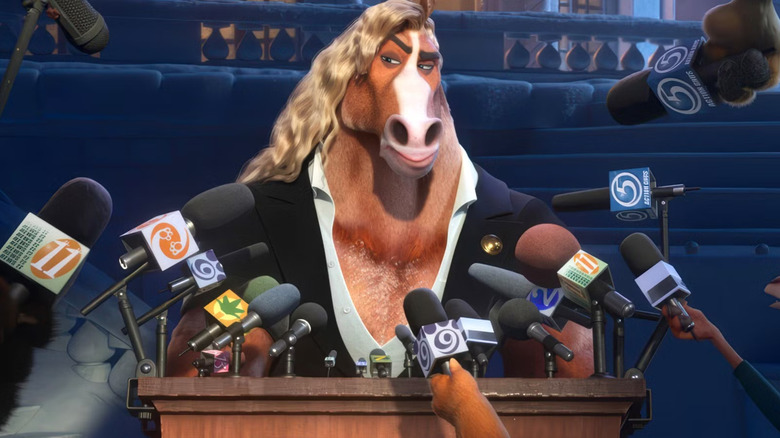 Mayor Brian Winddancer holding a press conference in Zootopia 2