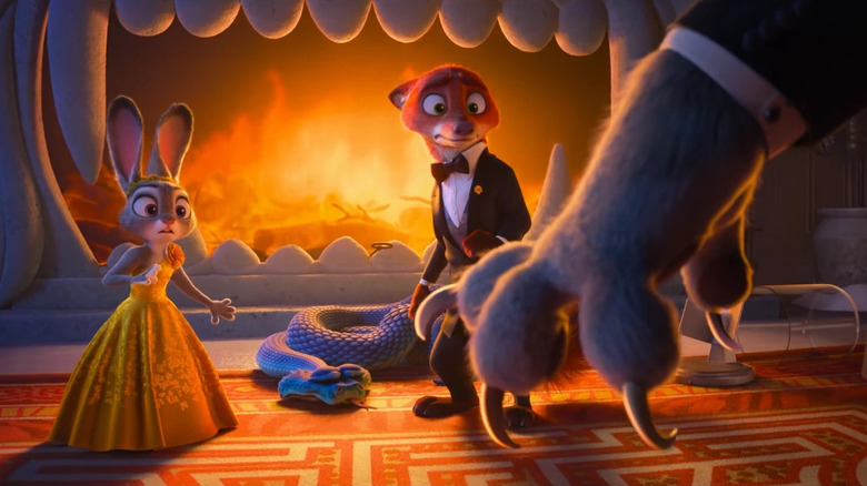 Judy, Gary, and Nick being threatened by Milton Lynxley in Zootopia 2
