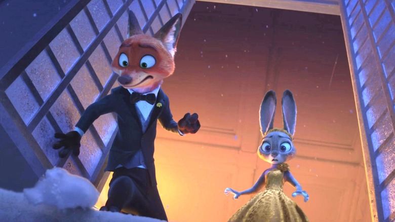 Nick and Judy in formalwear looking down in horror in Zootopia 2