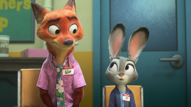 Nick Wilde and Judy Hopps at group therapy in Zootopia 2